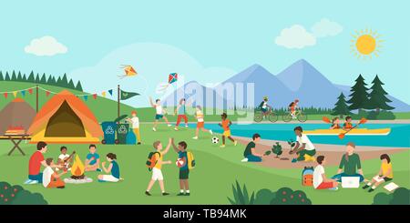 Happy kids enjoying summer camp together in the mountains: they are camping, playing and learning together, diversity and education concept Stock Vector