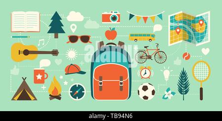 Summer camp, vacations and childhood concept: tourism, adventure and education icons connected together Stock Vector