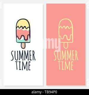 Vector calligraphy illustration Summer time with ice cream icon. Drawn art sign. Lettering typography poster. Funny greetings for clothes, card, badge Stock Vector