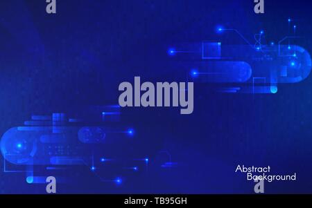Abstract technology background. Hi-tech concept on blue backdrop. Futuristic composition with geometric elements. Glowing data connections. Bright gea Stock Vector