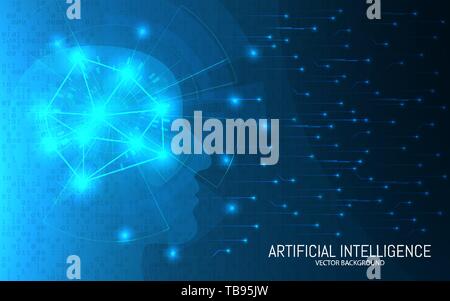 Artificial intelligence concept. Abstract futuristic background. Big data design. Head with connections on a binary backdrop. Digital brain technology Stock Vector