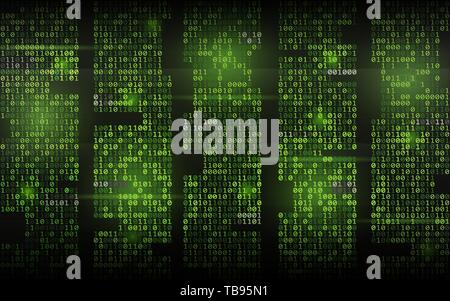 Abstract binary background. Green streaming code. Columns with digits on dark backdrop. Hacked screen concept. Trendy vector illustration. Stock Vector