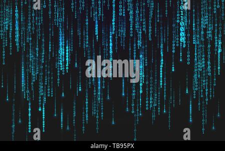 Binary matrix background. Falling digits on dark backdrop. Running random numbers. Abstract data concept. Blue futuristic cyberspace. Vector illustrat Stock Vector