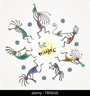 Be music. Hand drawn Kokopelli circle. Stylized mythical characters playing flutes. Vector art for prints. design, cards, children and coloring books, Stock Vector