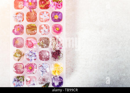 Tray with Frozen Flowers in Ice Cubes on grey Background, top view, copy space for text Stock Photo