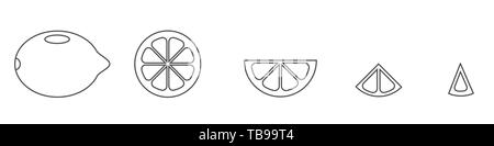 Lemon. Outline thin line, Cut lemon with slices isolated over white background Vector illustration Stock Vector