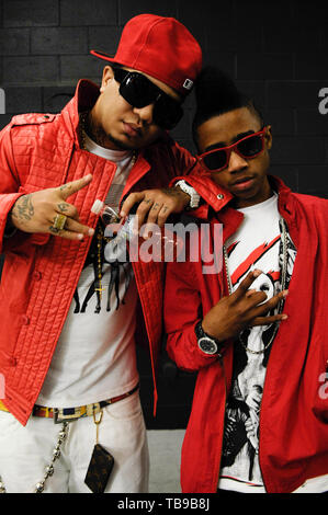 (L-R) Rapper Gudda Gudda and Lil Twist portrait on the set of his music video with Lil Wayne and Young Money called 'Every Girl' filmed in Los Angeles, CA on February 14th, 2009. Stock Photo