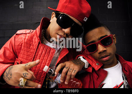(L-R) Rapper Gudda Gudda and Lil Twist portrait on the set of his music video with Lil Wayne and Young Money called 'Every Girl' filmed in Los Angeles, CA on February 14th, 2009. Stock Photo