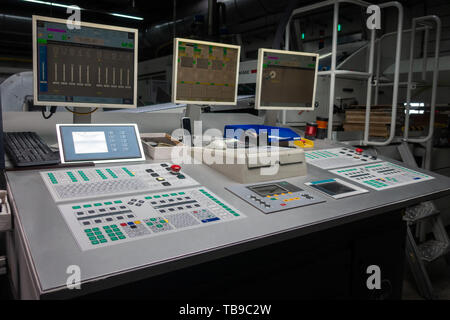 Control Cockpit Industrial Printing Equipment Buttoms Dials Screens Manufacturing Empty Stock Photo