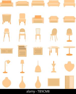 Interiors Elements icon set, sofas, tables, chairs vector illustration in flat style Stock Vector