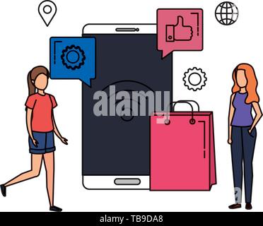 young women with smartphone and social media icons Stock Vector