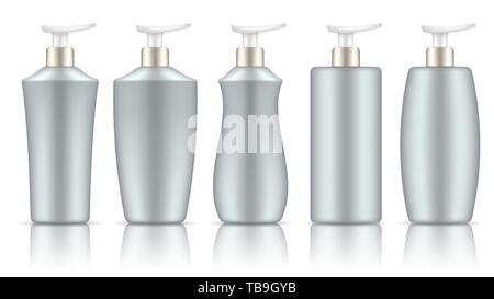 Colorful bottles for cosmetics. Vector set of different shapes with reflection on white background. Stock Vector