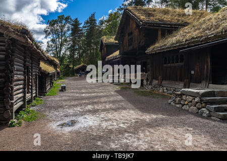 Old typical Norwegian houses at Norsk Folkemuseum, one of the most popular museums in Oslo, Norway Stock Photo