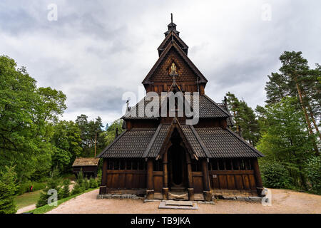 Facade of Gol Stave Church (Gol Stavkyrkje)  a typical Norwegian church at  Norwegian Museum of Cultural History, Oslo, Norway Stock Photo