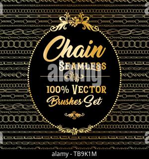 Golden chains seamless brushes. Horizontal bracelets on Black Background. Jewellery Banner with Oval frame, sketch drawing. Fashion jewelry outline. Gold Vector Collection of different chains Stock Vector