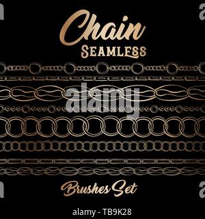 Golden chains seamless brushes. Horizontal bracelets on Black Background. Jewellery Banner with Oval frame, sketch drawing. Fashion jewelry outline. Gold Vector Collection of different chains Stock Vector