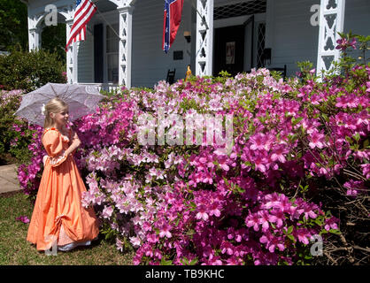 A girl carrying a parasol walks past the azaleas in front of the Amzi Love Home in Columbus, Mississippi, April 17, 2010.