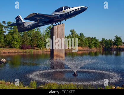 A Cessna T-37 Tweet is part of the static display at the Hwy. 45 entrance to Columbus Air Force Base in Columbus, Mississippi. Stock Photo