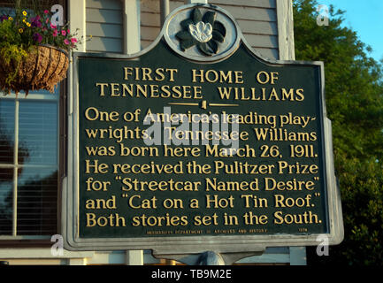 A historic marker stands outside the Tennessee Williams Welcome Center in Columbus, Mississippi. Stock Photo