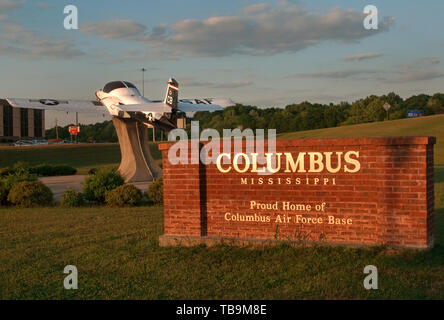 A Cessna T-37 Tweet is part of the static display in downtown Columbus, Mississippi. The T-37 served as a trainer plane for U.S. Air Force cadets. Stock Photo