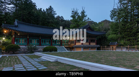 Panorama of Buildings inside the korean Buddhist Woljeongsa Temple complex. Pyeongchang County, Gangwon Province, South Korea, Asia. Stock Photo