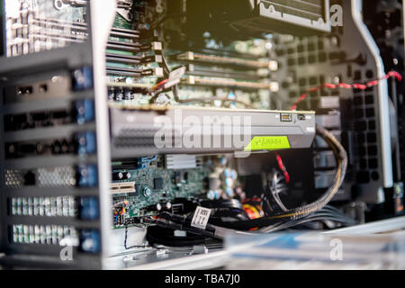 Paris, France - Jul 17, 2019: View of Powerful Nvidia Quadro P5000 video GPU card with 2560 Cuda cores inside powerful Dell Precision T7910 workstation Stock Photo