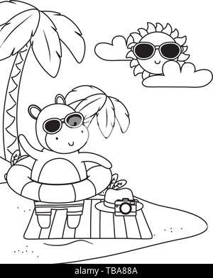 summer vacation relax time cute little happy animal hippopotamus wearing sunglasses at beach scene over sand floor with towel and hat with nature beach palms and sun cartoon vector illustration graphic design. Stock Vector