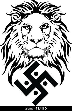 The lion and the symbol of the Indian religion of Jainism - the swastika, drawing for tattoos, on a white background, vector Stock Vector