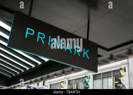 A logo sign outside of a Primark retail store location in Boston, Massachusetts on April 29, 2019. Stock Photo