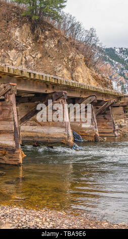 frame Vertical Rustic wooden bridge overlooking lush trees on a mountain under cloudy sky Stock Photo