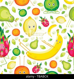 Vegan Yoga. Fruits do yoga. Seamless pattern. Banana, lemon, orange, apple, pear, pitahaya. Flat style. For fruit shop, food, cafe, fitness club Stock Vector