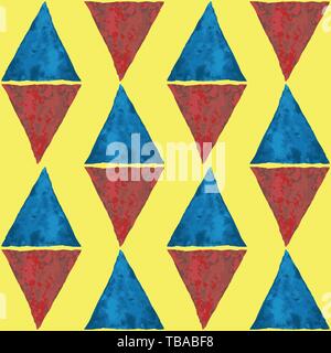 Diamond shaped blue and red watercolor triangles. Abstract geometric vector seamless pattern on bright yellow background. Great for wellness, kids Stock Vector