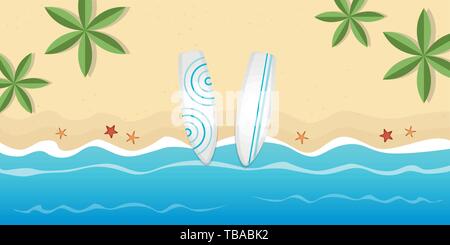 two surfboards on the beach with palm trees and starfish summer holiday background vector illustration EPS10 Stock Vector