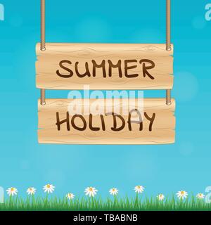 summer holiday wooden sign with daisy flower and grass on blue background vector illustration EPS10 Stock Vector