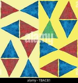 Blue,red and green watercolor triangles in fun abstract geometric design. Vector seamless pattern on striped yellow background. Great for wellness Stock Vector