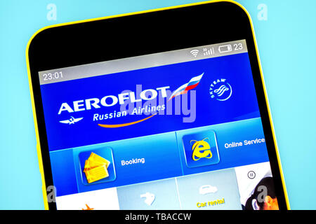 Berdyansk, Ukraine - 24 May 2019: Illustrative Editorial of Aeroflot website homepage. Aeroflot logo visible on the phone screen Stock Photo
