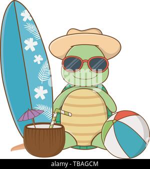 cute animal turtle enjoying summer time vacations holidays cartoon vector illustration graphic design Stock Vector