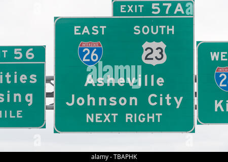 Asheville and Johnson City exit sign on highway in Tennessee on interstate 81 closeup of text Stock Photo