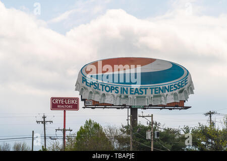 Johnson City, USA - April 19, 2018: Retro vintage pepsi top symbol on highway in Tennessee on interstate 26 Stock Photo