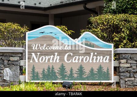 Mars Hill, USA - April 19, 2018: Rest stop on highway road in North Carolina with welcome sign and text on south 25 street at visitor center Stock Photo