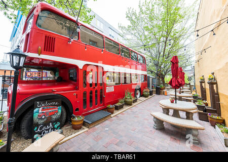 Asheville, USA - April 19, 2018: Double decker d's bus cafe restaurant outside serving coffee drinks and desserts in North Carolina city