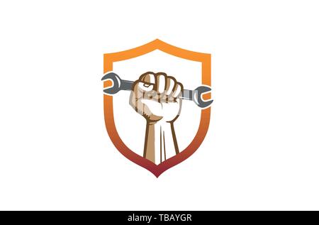 Creative Shield Service Wrench Hand Logo Design Vector Illustration Stock Vector