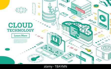 Outline Isometric Cloud Technology Networking Concept. Vector Illustration. Internet Data Services. Computing Online Storage. Cloud Platform. Stock Vector