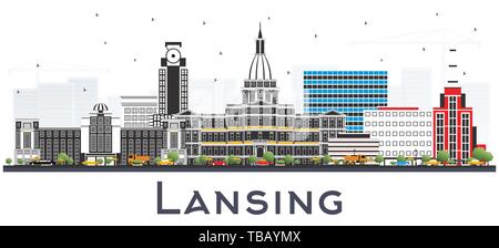 Lansing Michigan City Skyline with Color Buildings Isolated on White. Vector Illustration. Business Travel and Concept with Historic Architecture. Stock Vector