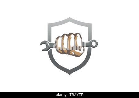 Creative Wrench Fist Shield Logo Design Symbol Vector Illustration Stock Vector