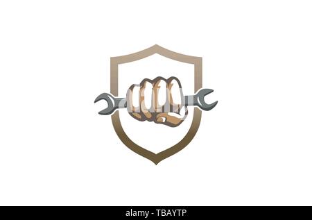Creative Wrench Fist Shield Logo Design Symbol Vector Illustration Stock Vector