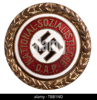 THE JOHN PEPERA COLLECTION, A Golden Party Badge of the NSDAP in 24 mm, Worn gilt Tombak with inset silver-plated, enamelled party badge. Party member number '1383' on worn reverse with horizontal pin. Attachment plate stamped 'Jos. Fuess München'., Editorial-Use-Only Stock Photo
