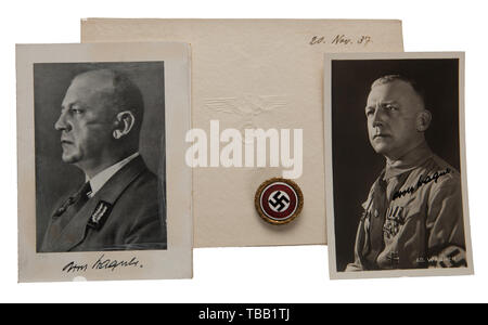 THE JOHN PEPERA COLLECTION, Gauleiter Adolf Wagner - a Golden Party Badge of the NSDAP in 30 mm, Deschler produced gilt Tombak with inset silver-plated, enamelled party badge. Party member number '11330' on reverse with vertical pin. Stamped incused 'GES. GESCH.' above channel and vent hole. Ink signed early postcard 9.5 x 14.5 cm, folio invitation with national eagle on cover dated 20 November 1937 for the reopening of the Gärtnerplatz Theater 14.5 x 20 cm, folio Christmas card thanking soldiers for performing their duties 10.5 x 14.5 cm. Adolf Wagner served in World War I, Editorial-Use-Only Stock Photo