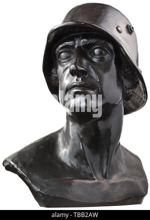 A large portrait bust of a front line solider, Larger than life sized, bronze-colour tinted electrotyping with an expressive depiction in classical style of a fighter looking to the right, wearing a World War I steel helmet. Signed 'Fritz Zimmer 1917', manufacturer's mark 'Abt. für Galvanoplastik Geislingen-St.'. Height ca. 52 cm. historic, historical 20th century, Editorial-Use-Only Stock Photo