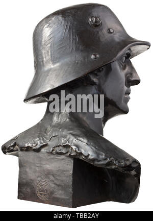 A large portrait bust of a front line solider, Larger than life sized, bronze-colour tinted electrotyping with an expressive depiction in classical style of a fighter looking to the right, wearing a World War I steel helmet. Signed 'Fritz Zimmer 1917', manufacturer's mark 'Abt. für Galvanoplastik Geislingen-St.'. Height ca. 52 cm. historic, historical 20th century, Editorial-Use-Only Stock Photo